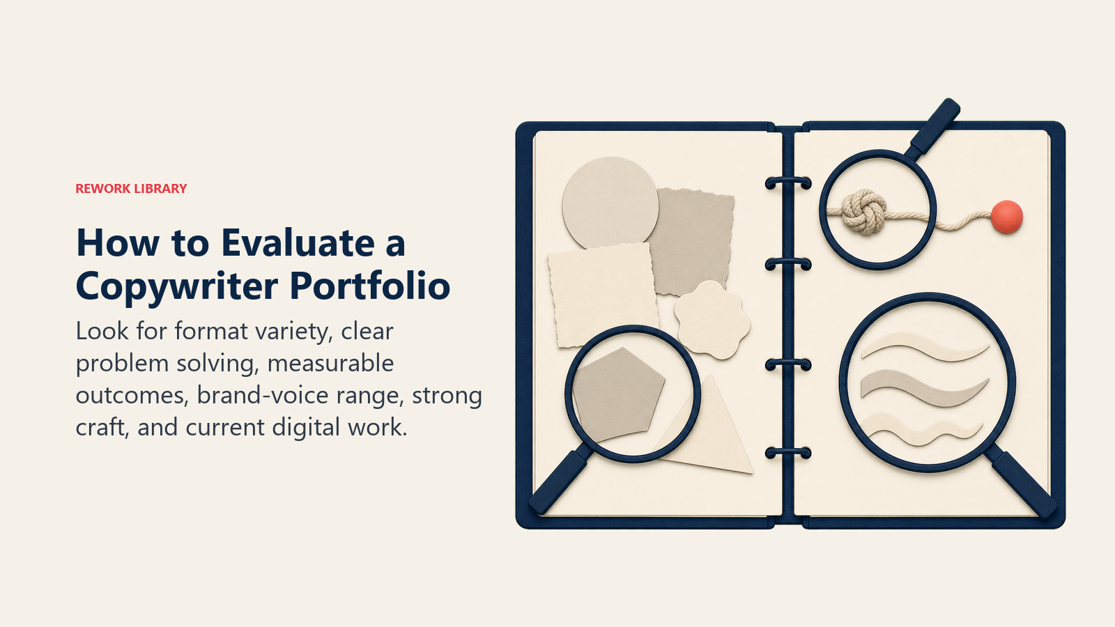 How to evaluate a copywriter portfolio for format variety, strategic problem solving, results, and brand voice range