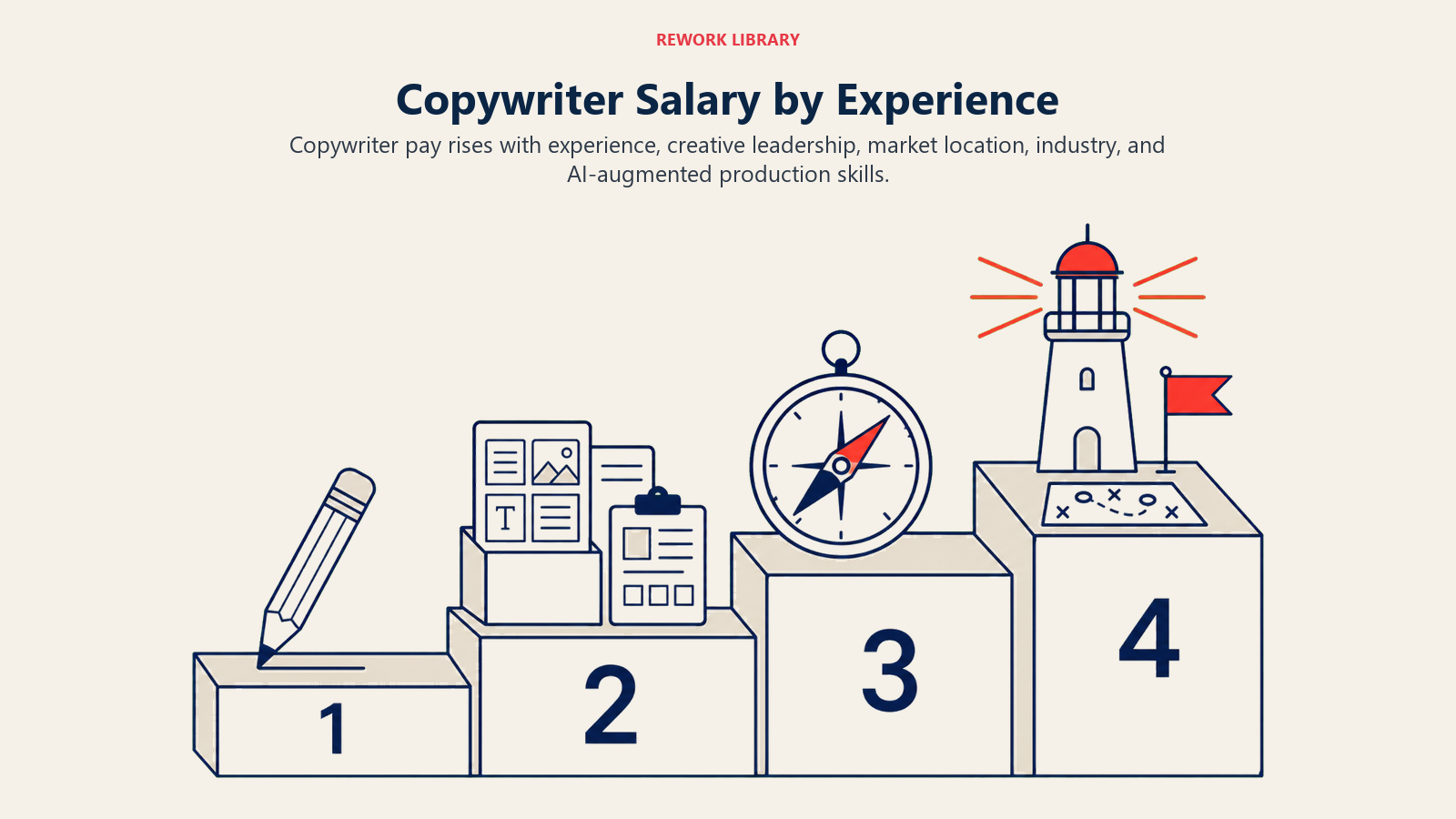 Copywriter salary by experience shown as progression from entry-level craft to creative direction and AI strategy