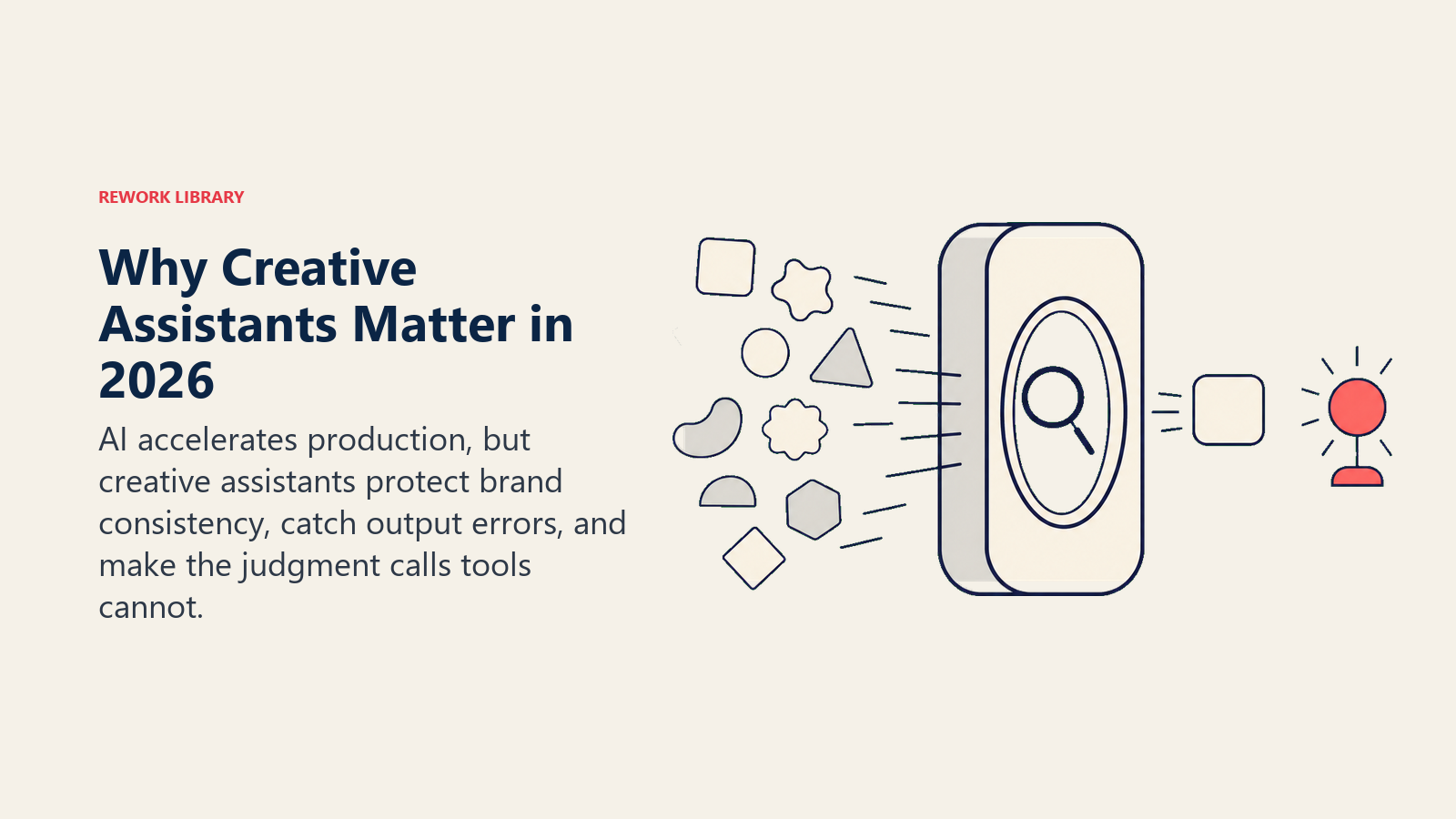 Why creative assistants matter in 2026 shown as a quality gate filtering AI-generated assets
