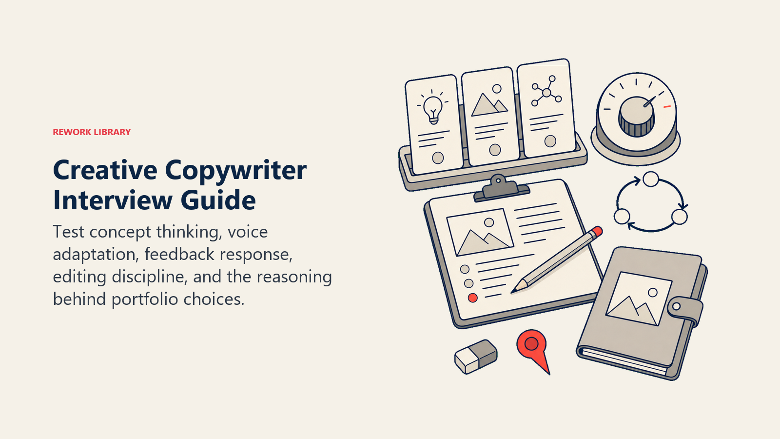 Creative Copywriter Interview Guide shown as a copy review desk with concept cards, voice tuning dial, edit pencil, feedback loop, portfolio folio, and coral selection marker.
