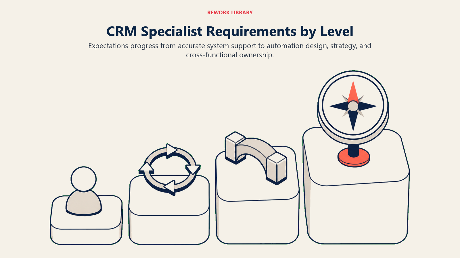 CRM Specialist Requirements by Level illustrated with widening capability staircase