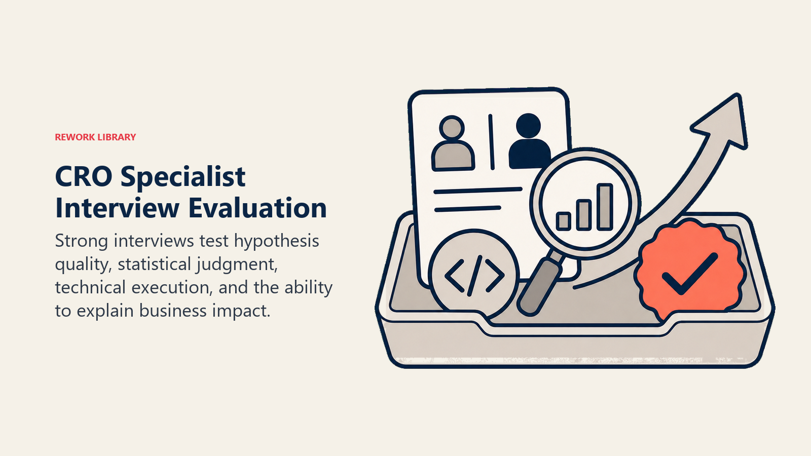 CRO Specialist Interview Evaluation visual showing an interview evidence tray containing an experiment card, statistics lens, code bracket token, and revenue arrow ending at one coral approval seal