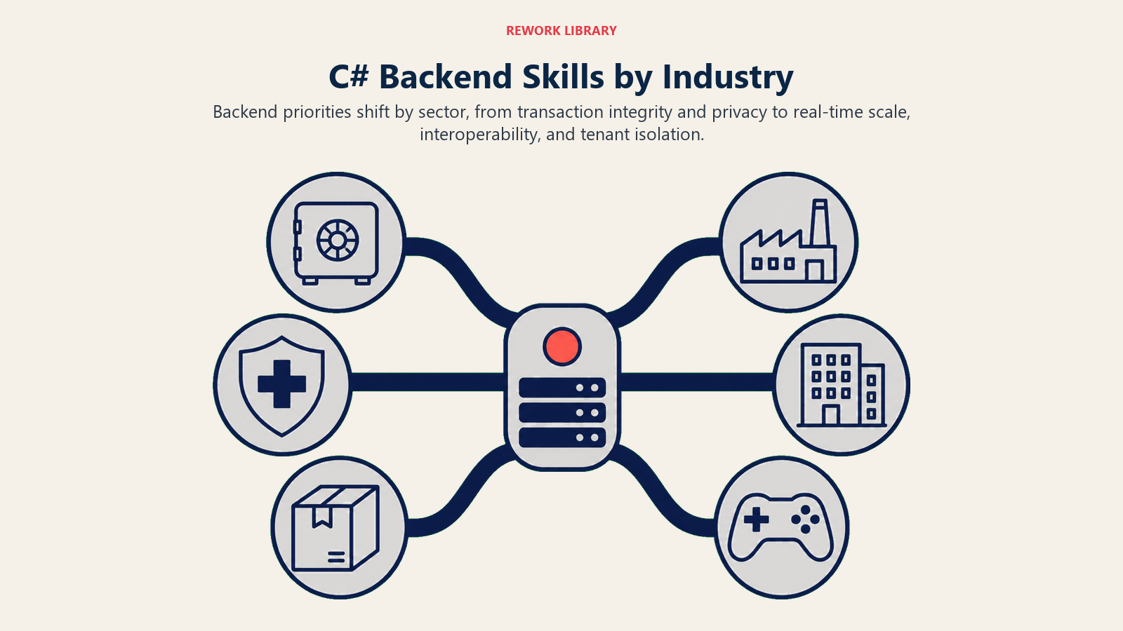 C# backend skills by industry illustrated with finance, healthcare, commerce, manufacturing, SaaS, and gaming artifacts
