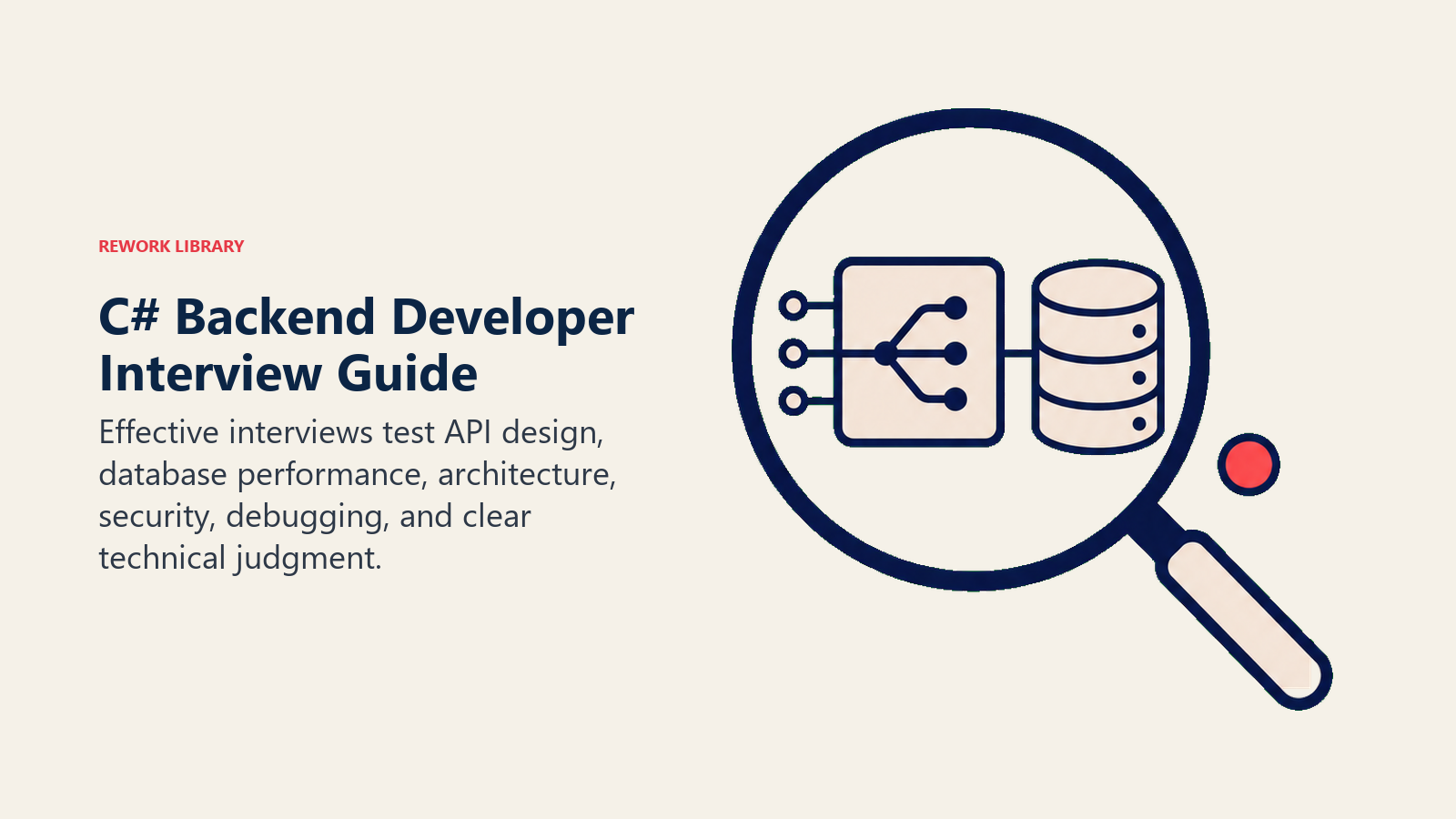 C# backend developer interview guide illustrated by a diagnostic lens inspecting an API, database, and security shield