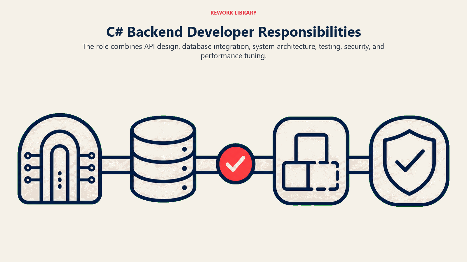 C# backend developer responsibilities shown as API, database, architecture, and testing stations
