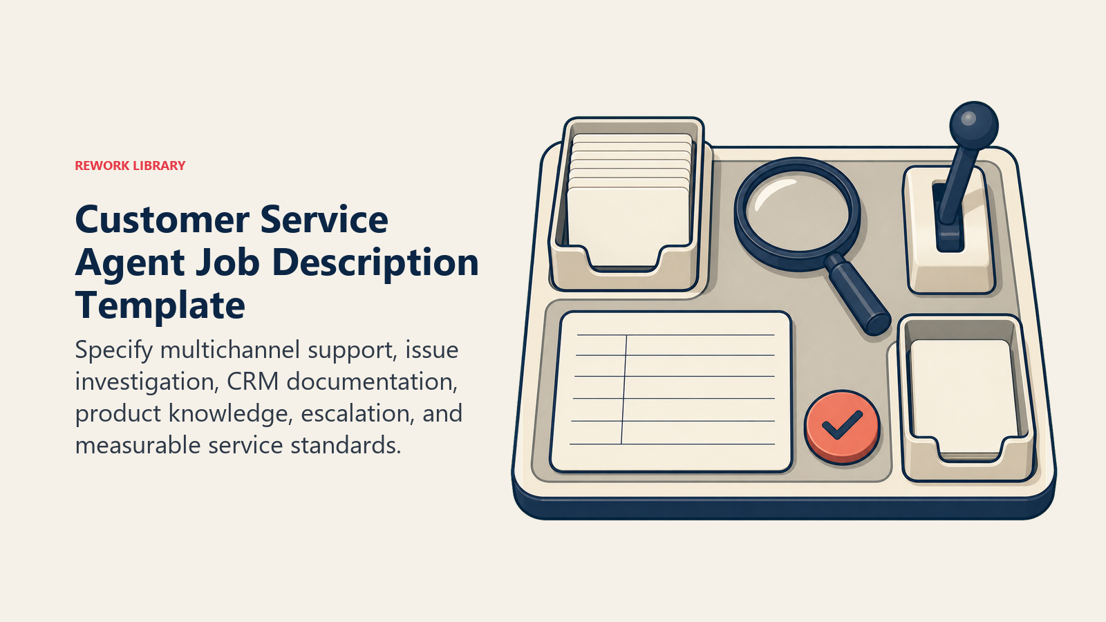 Customer service agent job description template shown as a support station for inquiries, investigation, escalation, and resolution