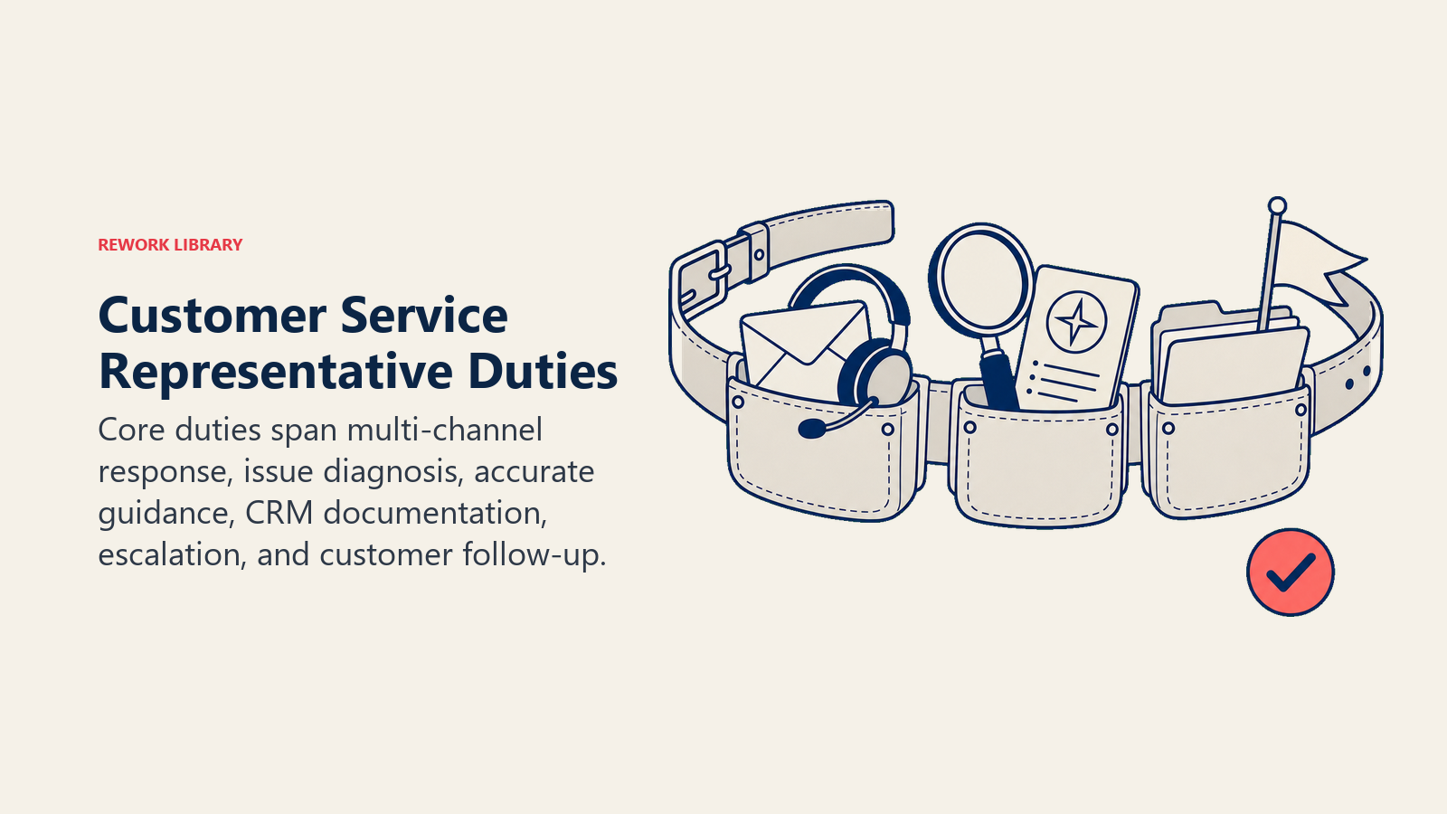 Customer Service Representative duties shown as a service toolbelt for resolution, guidance, documentation, and escalation