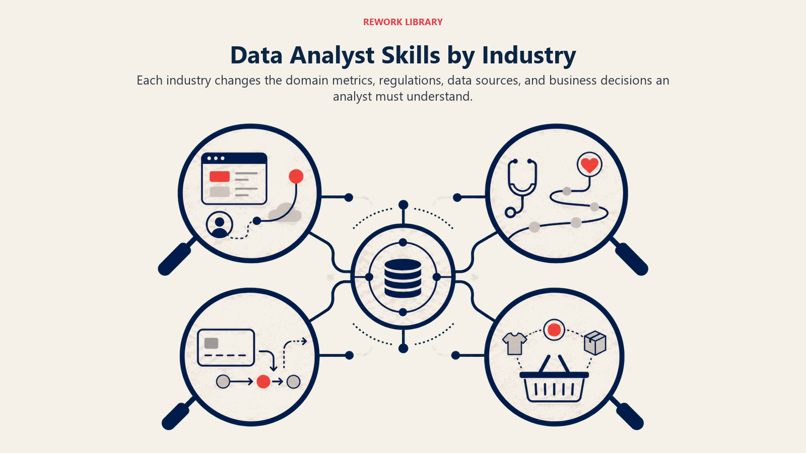 Data Analyst skills by industry visual applying SaaS, healthcare, finance, and retail lenses to a shared analytics core