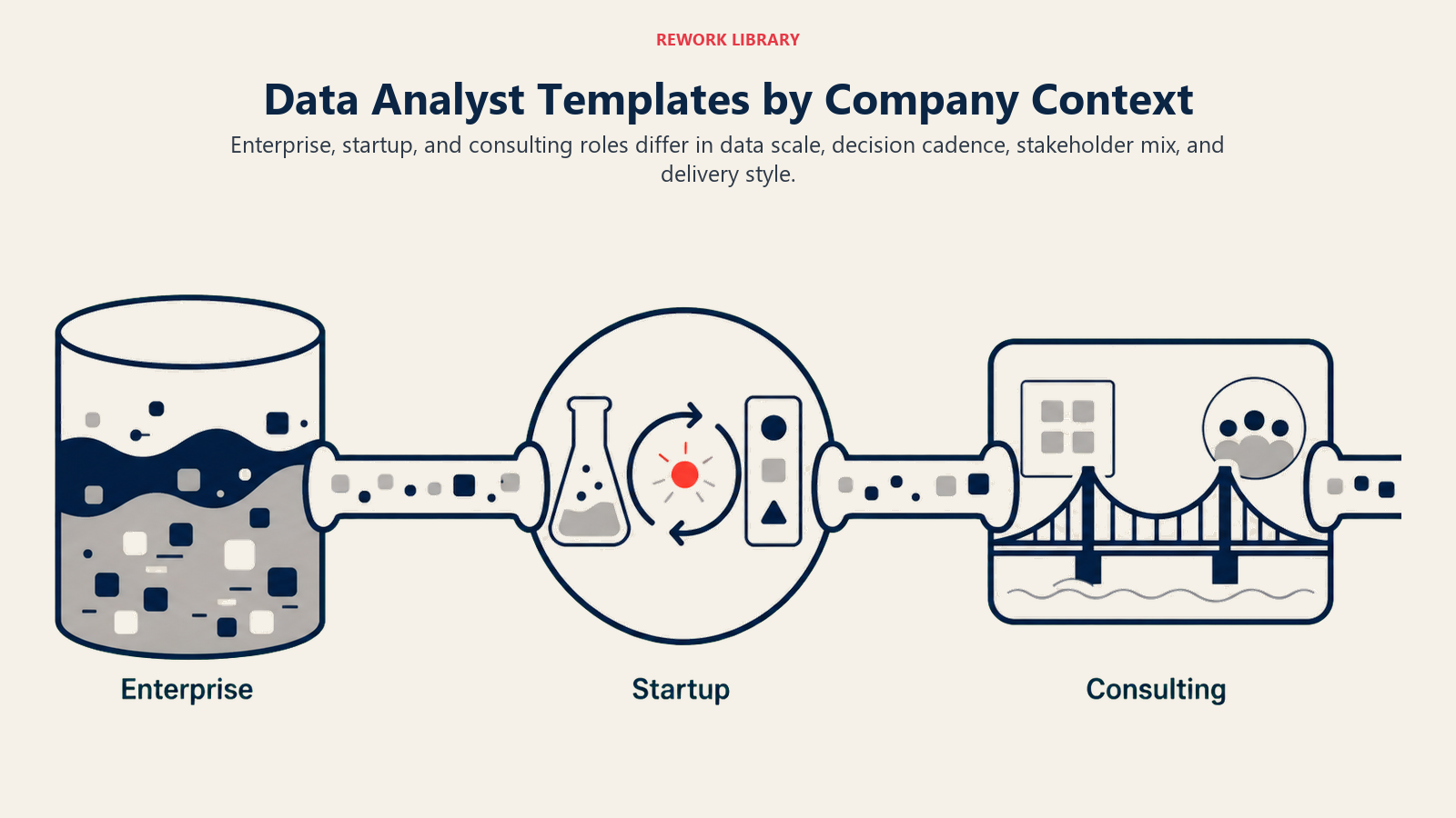 Data Analyst templates by company context across enterprise, startup, and consulting analytics workspaces