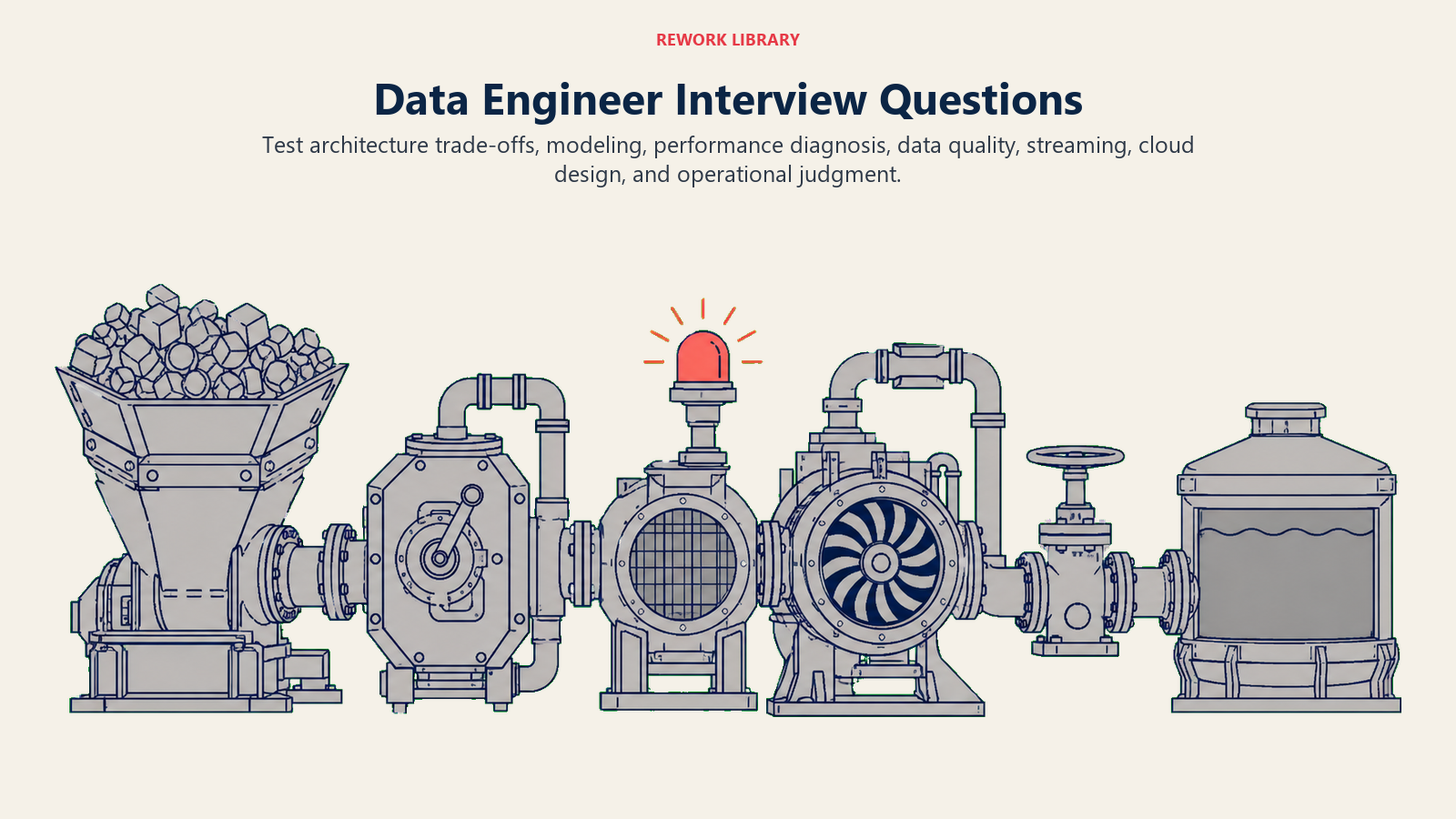 Data engineer interview questions represented by a stress test of architecture, modeling, quality, streaming, and recovery