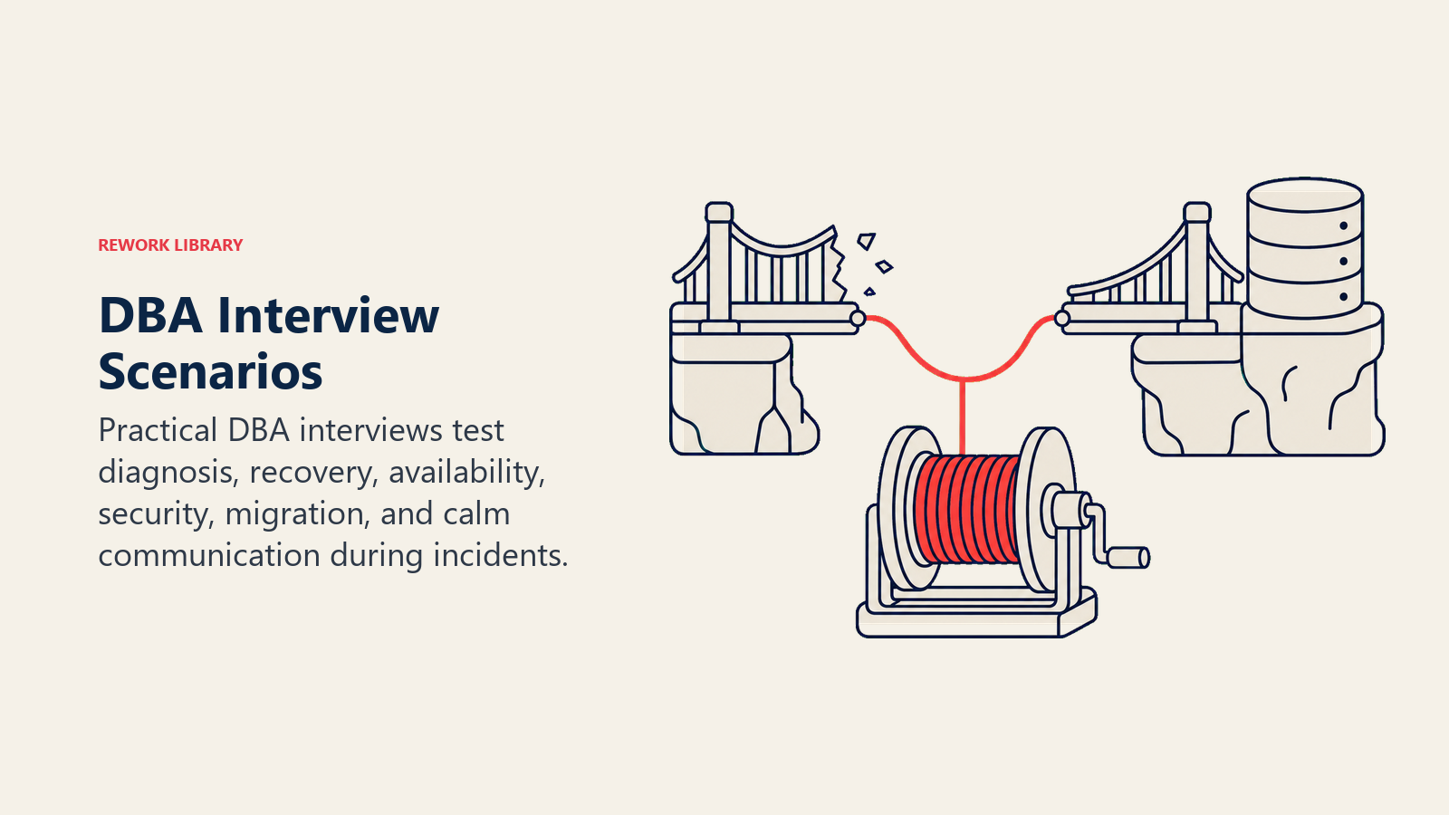 DBA Interview Scenarios illustrated with a disaster-recovery test rig with broken data bridge, restore reel, and healthy replica