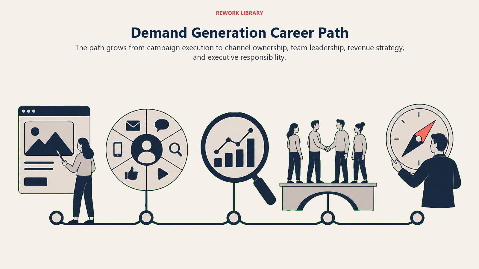Demand Generation Career Path illustrated with a Rework editorial demand generation manager career path visual.