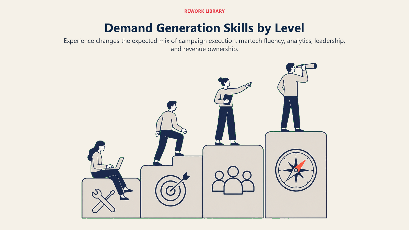 Demand Generation Skills by Level illustrated with a Rework editorial demand generation manager requirements visual.