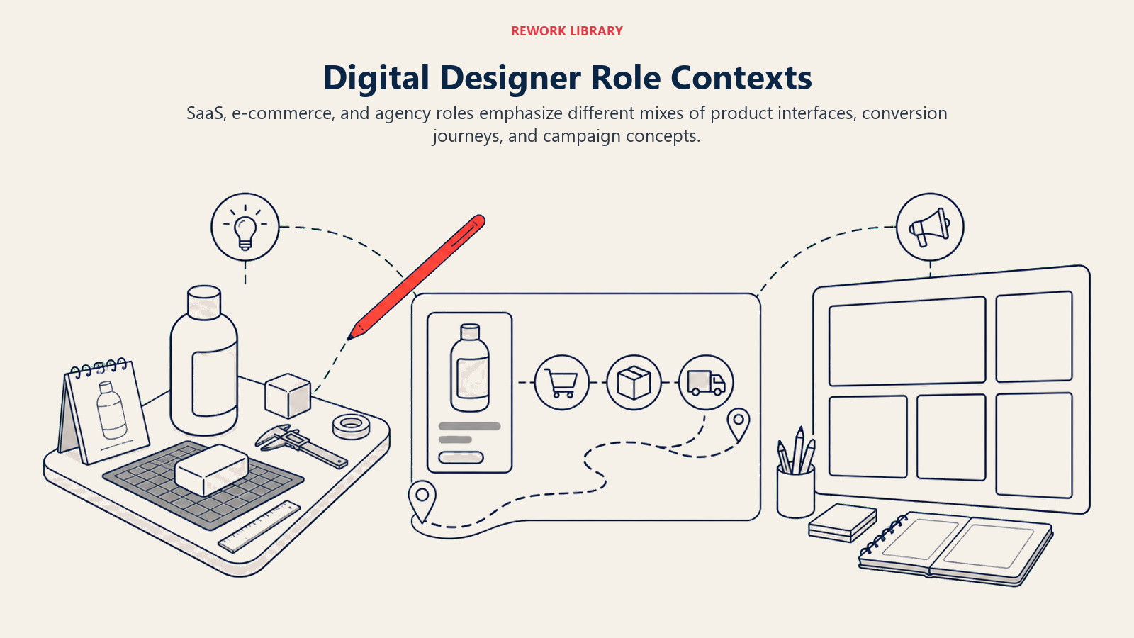 Digital Designer Role Contexts illustrated with three wide creative work zones for product, commerce, and campaigns