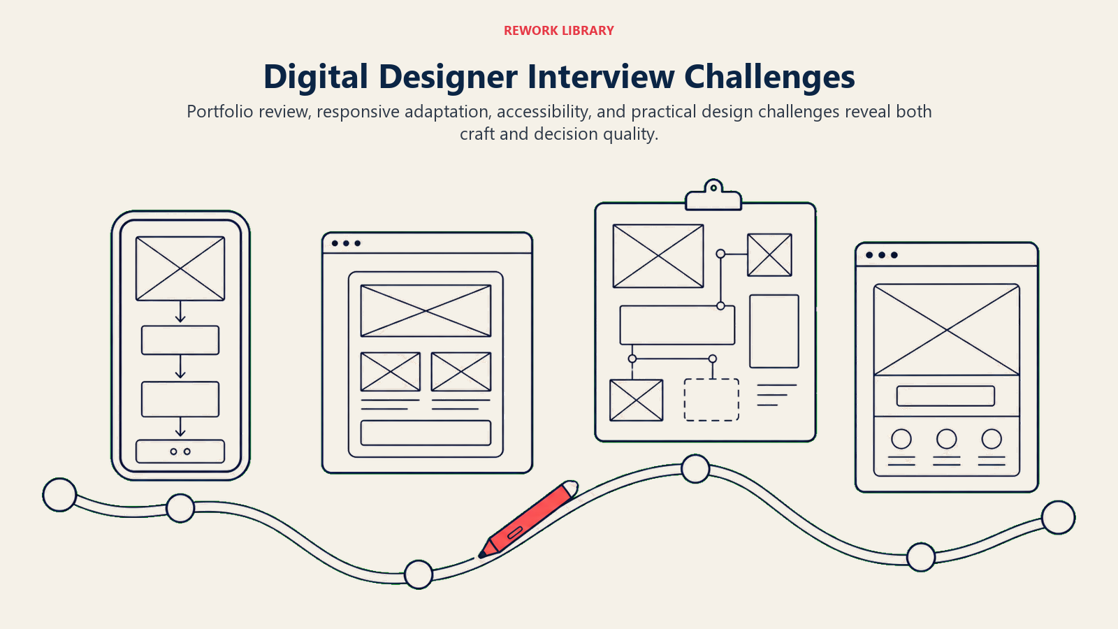 Digital Designer Interview Challenges illustrated with a wide four-stop design challenge route from mobile flow to email, campaign, and landing page