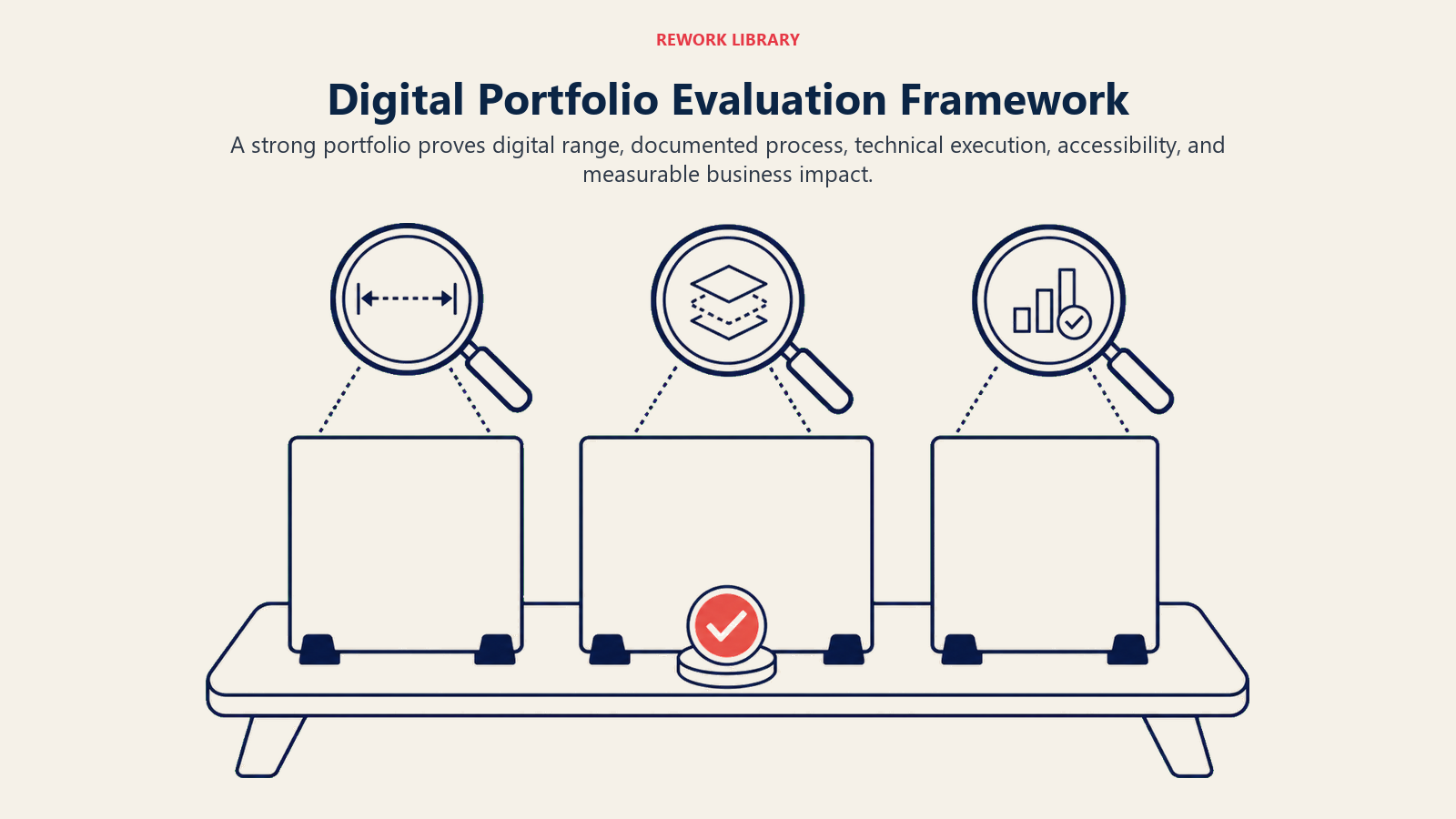 Digital Portfolio Evaluation Framework illustrated with a wide portfolio light table with three evaluation lenses over projects, process, and outcomes