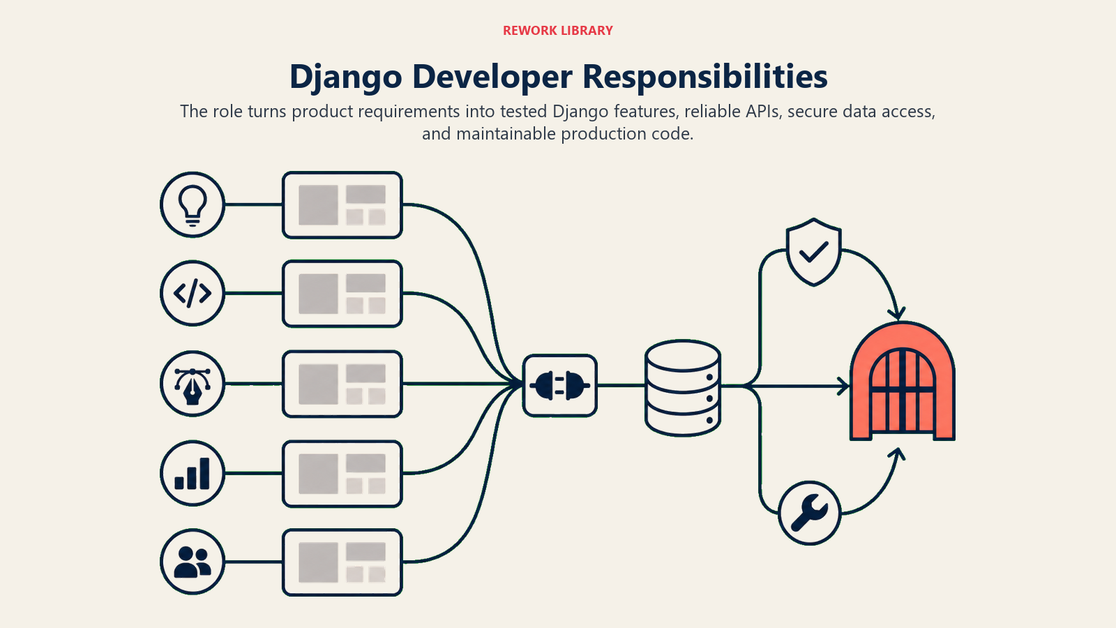 Django developer responsibilities flowing through testing and security into a production release