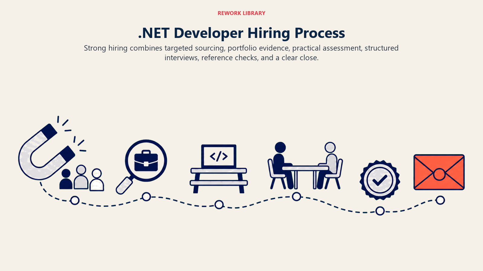 .NET Developer Hiring Process: A smooth curved hiring route begins with a talent magnet, passes through portfolio lens, code exercise bench, structured conversation table, reference seal, and ends at one coral offer envelope