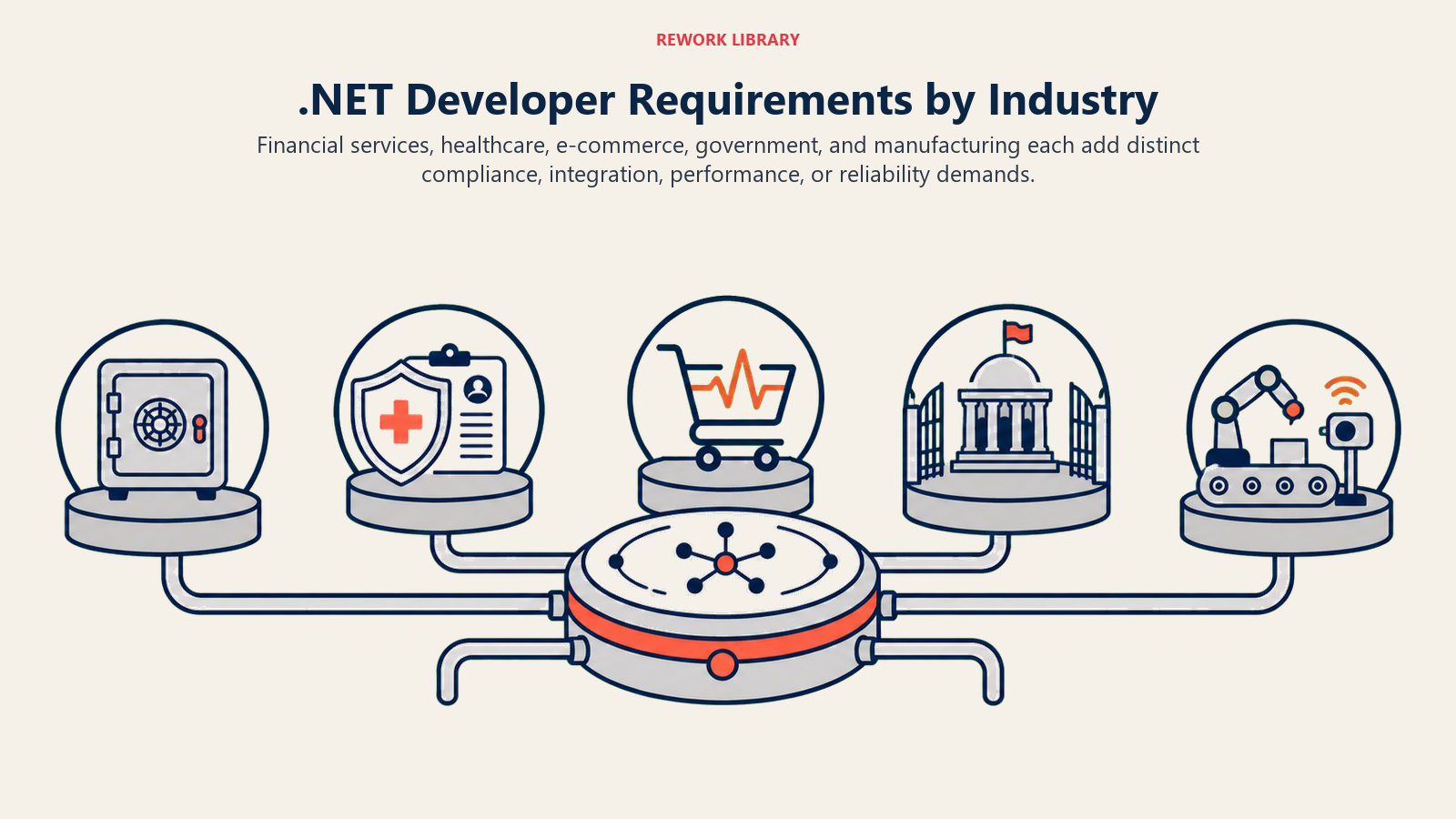 .NET Developer Requirements by Industry: A wide five-station industry instrument with distinct physical stations for secure ledger, medical record shield, commerce cart pulse, government seal gate, and factory sensor line, connected around one central runtime