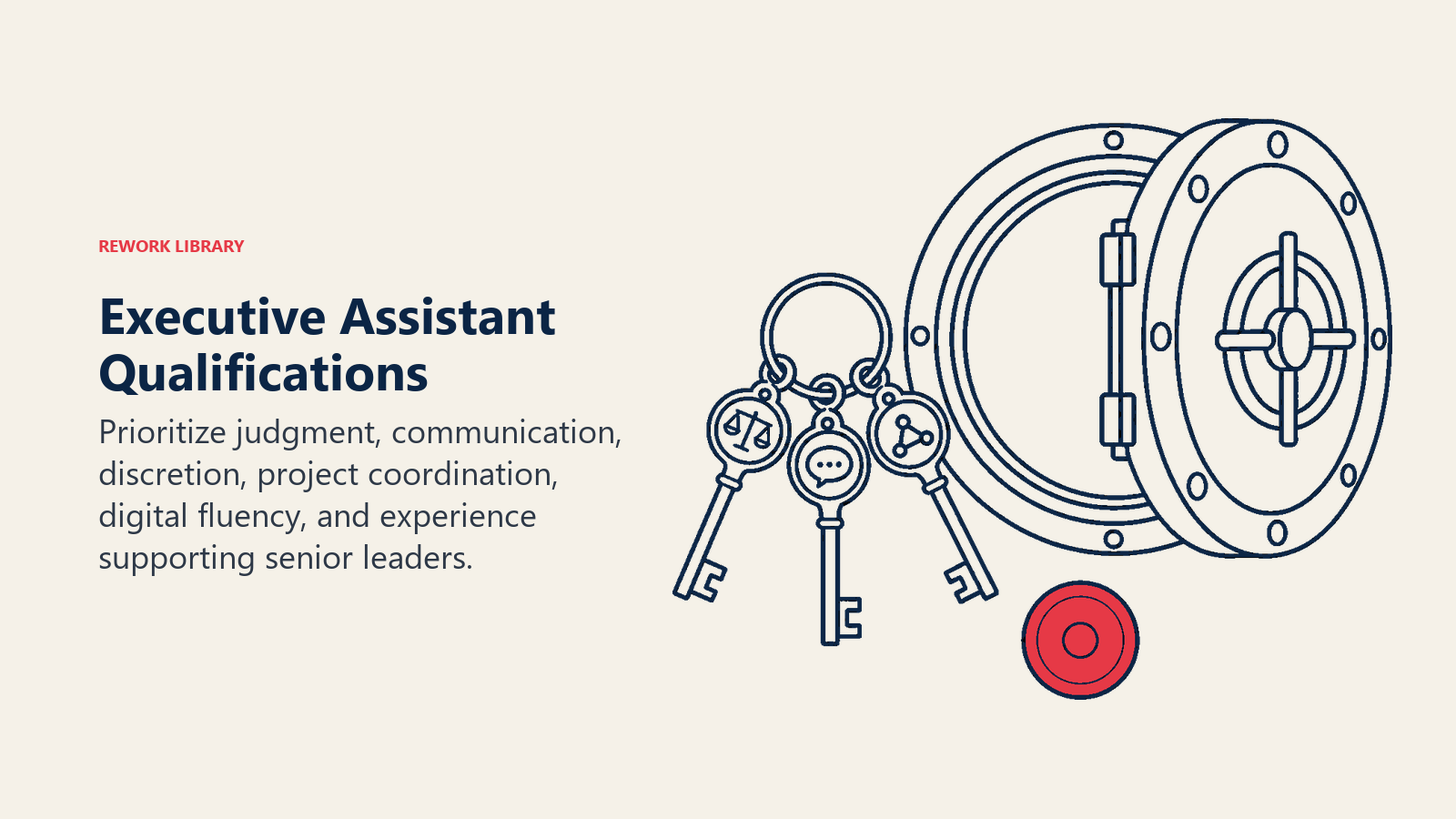 Executive Assistant Qualifications illustrated with discretion vault and capability keyring