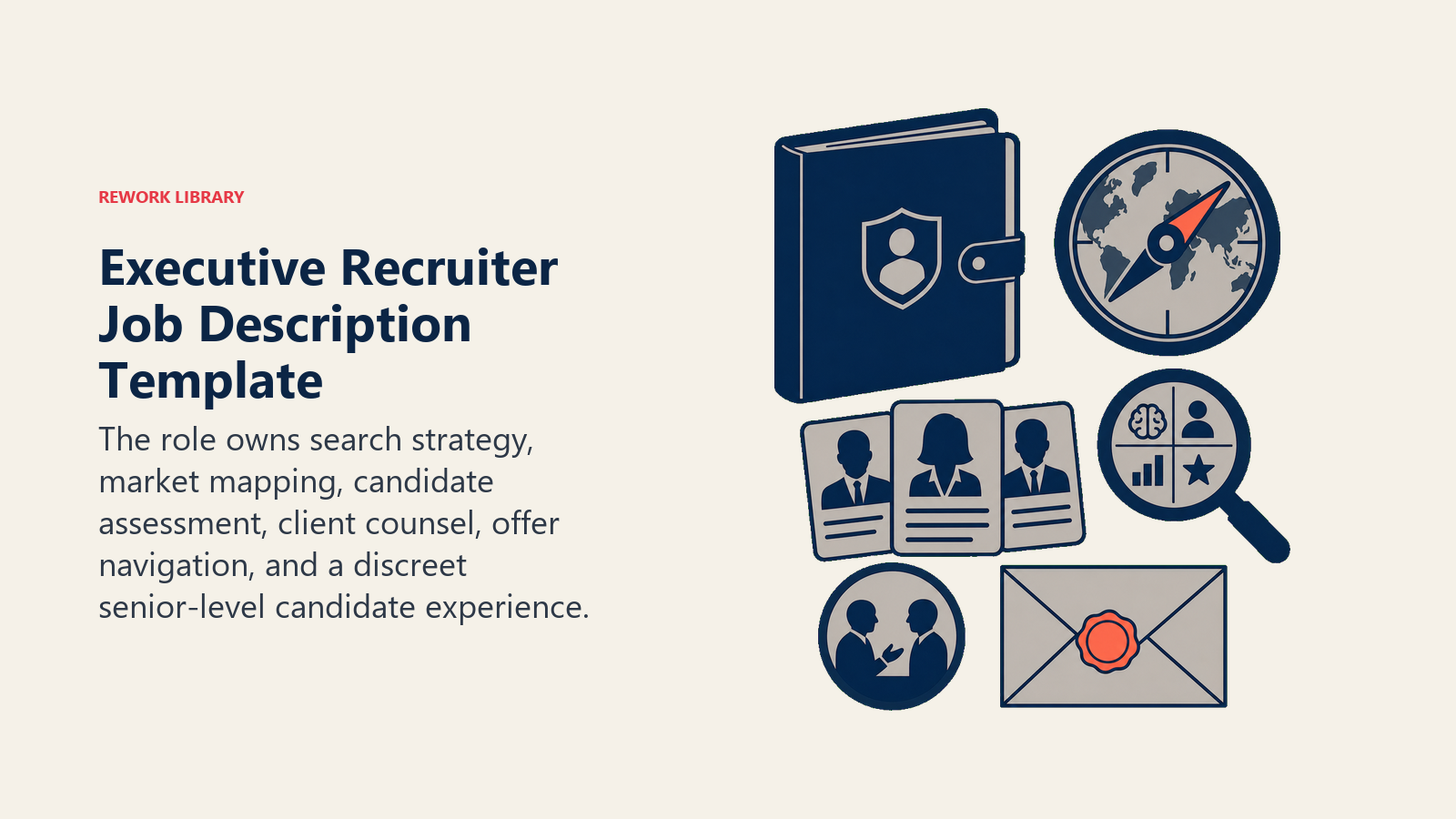 Executive Recruiter Job Description Template visual showing a confidential executive search folio beside a market map compass, candidate shortlist cards, assessment lens, client counsel token, and sealed offer envelope
