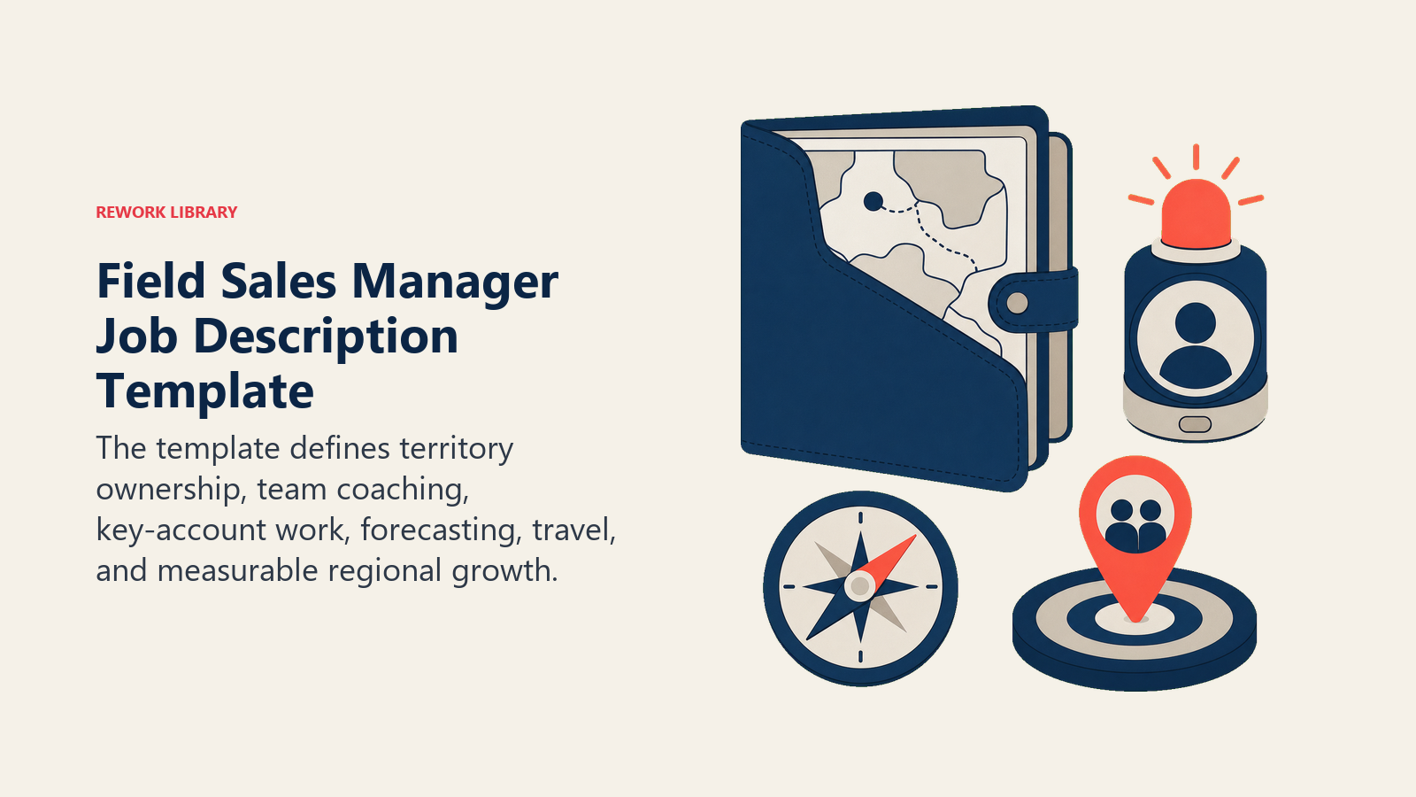 Field Sales Manager job description template represented by a territory folio, coaching beacon, and forecast compass