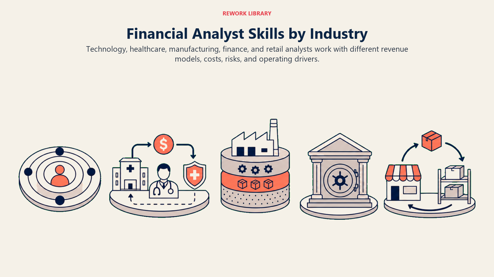 Financial Analyst Skills by Industry illustrated with five financial operating models