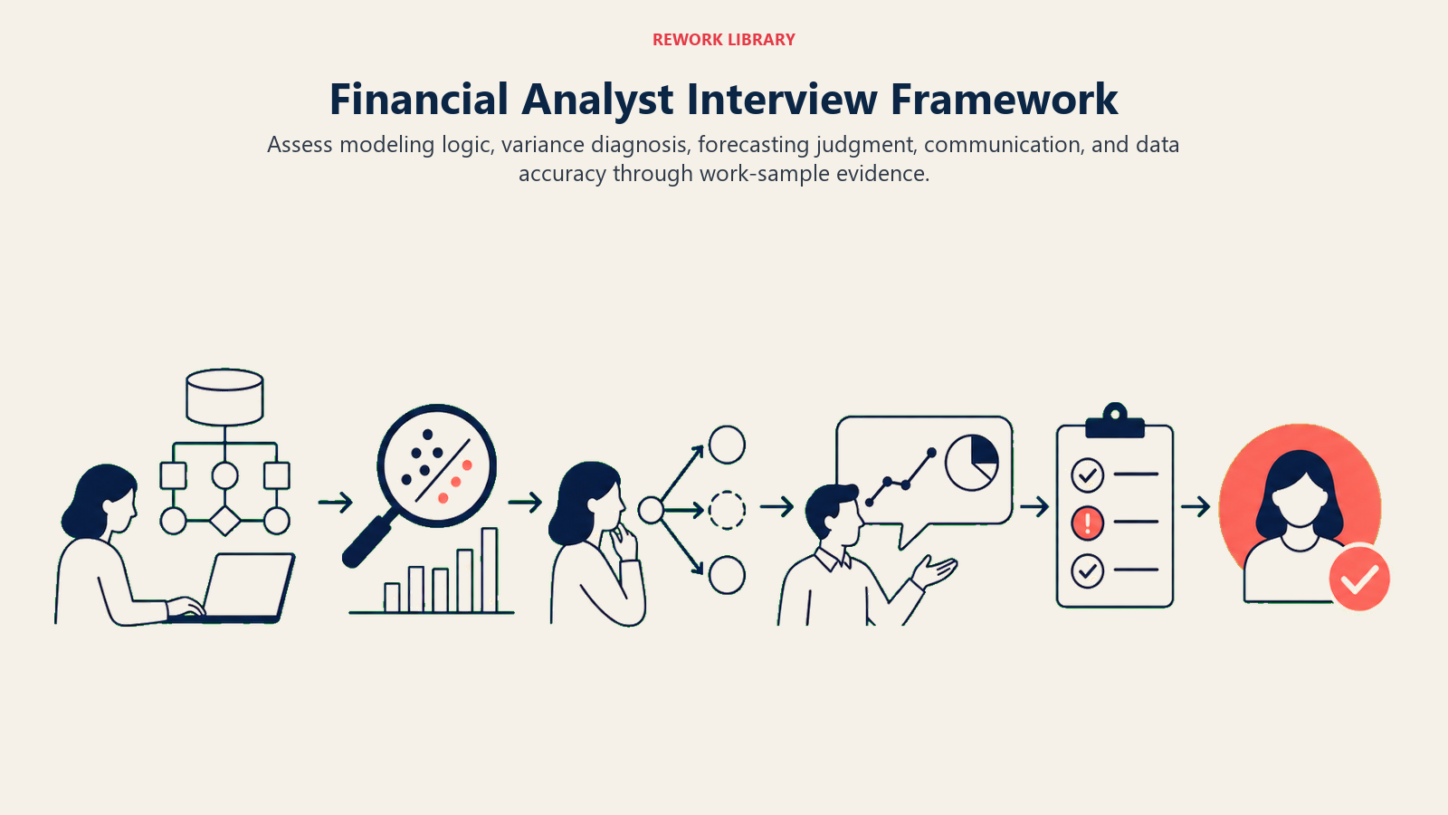 Financial Analyst Interview Framework illustrated with five-step analyst assessment