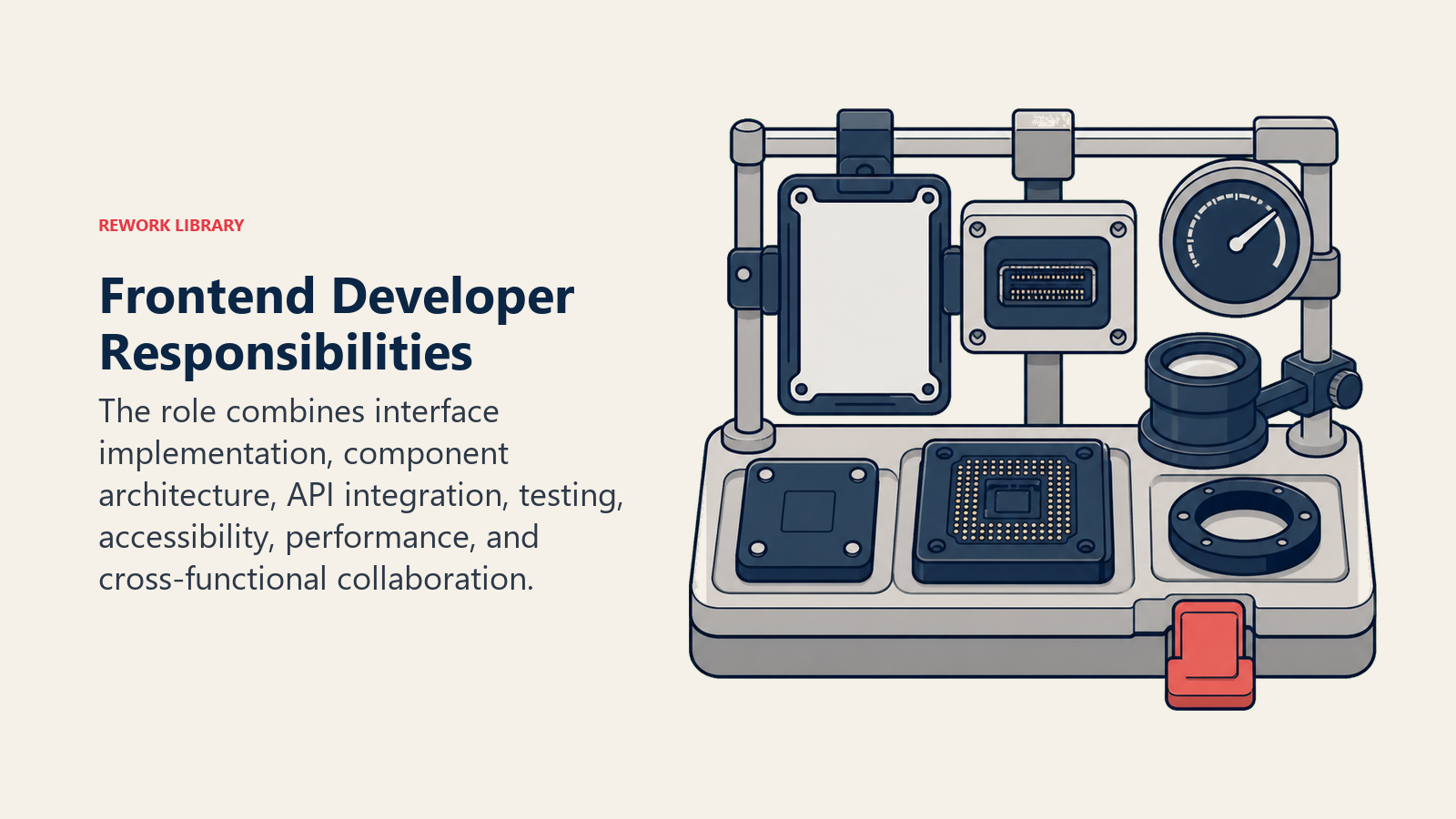 Frontend Developer Responsibilities: A compact interface assembly bench with component blocks, API socket, responsive frames, test lens, accessibility ring, performance gauge, and one coral release latch