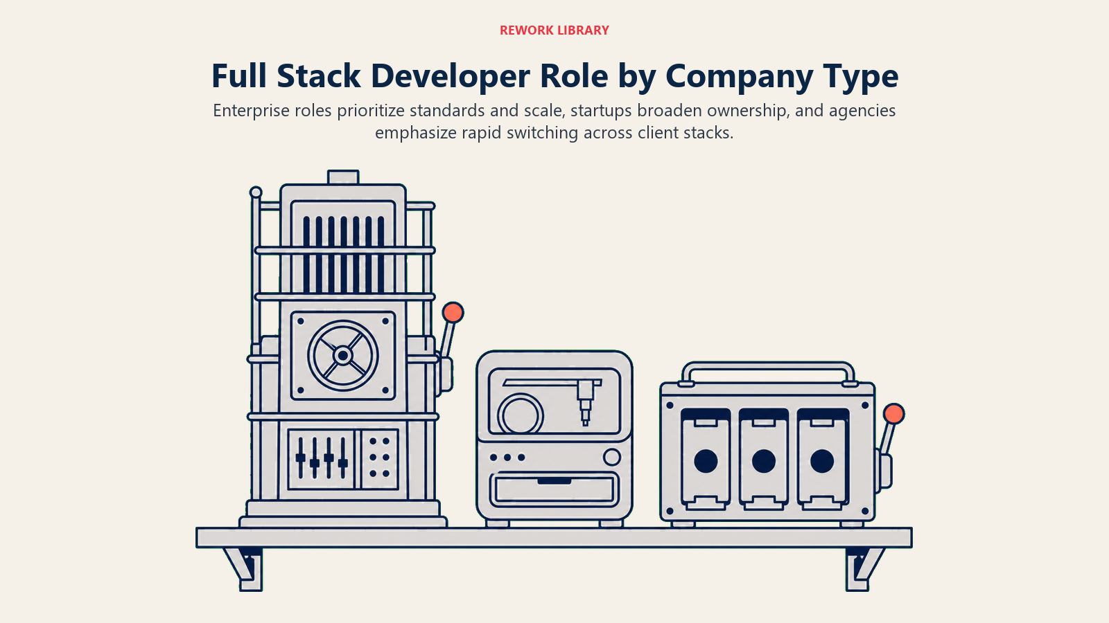 Full stack developer role variations shown as enterprise, startup, and agency application machines
