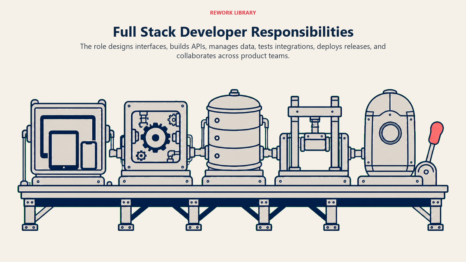 Full stack developer responsibilities shown across interface, API, database, testing, and deployment stations