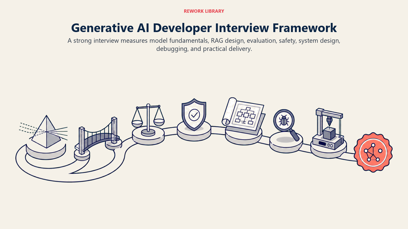 Generative AI Developer Interview Framework: A wide rounded evaluation course with seven distinct stations: transformer prism, retrieval bridge, evaluation scale, safety shield, system blueprint, debugging lens, and working prototype, ending at one coral evidence seal