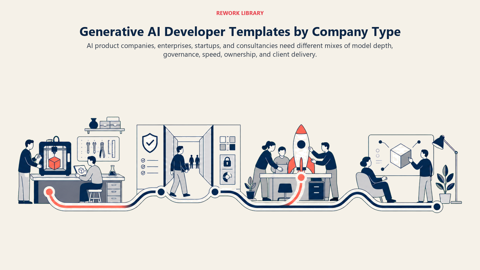 Generative AI Developer Templates by Company Type: A wide continuous panorama with four distinct workplaces: model product lab, governed enterprise corridor, fast startup launch bench, and client solution studio, linked by one flowing knowledge path