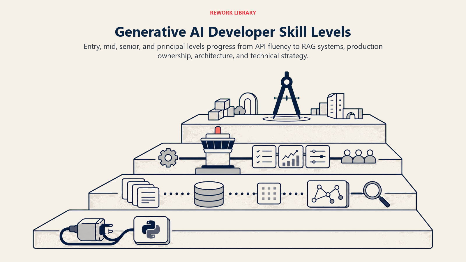 Generative AI Developer Skill Levels: A wide four-level staircase rises from API plug and Python block to retrieval system, production control tower, and architecture compass, with responsibility widening at each level