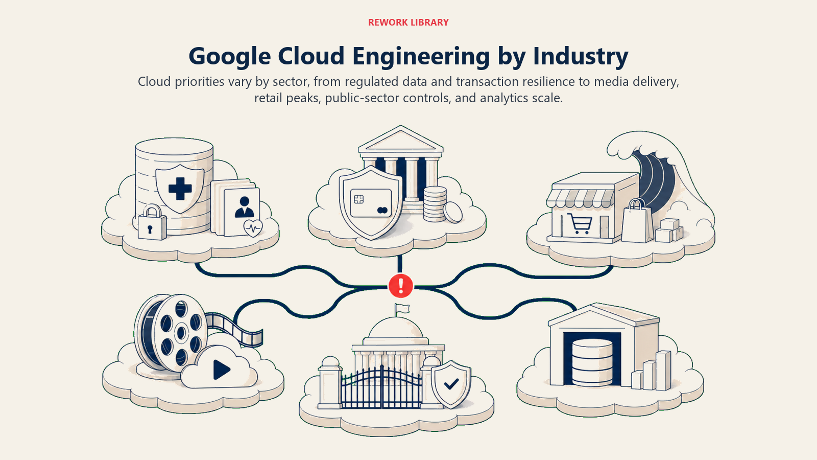 Google Cloud Engineering by Industry illustrated with six cloud workload islands