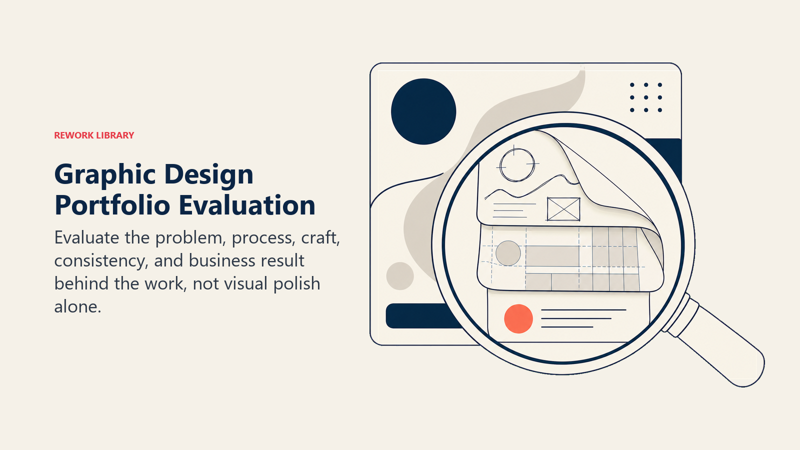 Graphic Design portfolio evaluation shown as a loupe revealing sketch, iteration, craft, and outcome layers beneath polished work