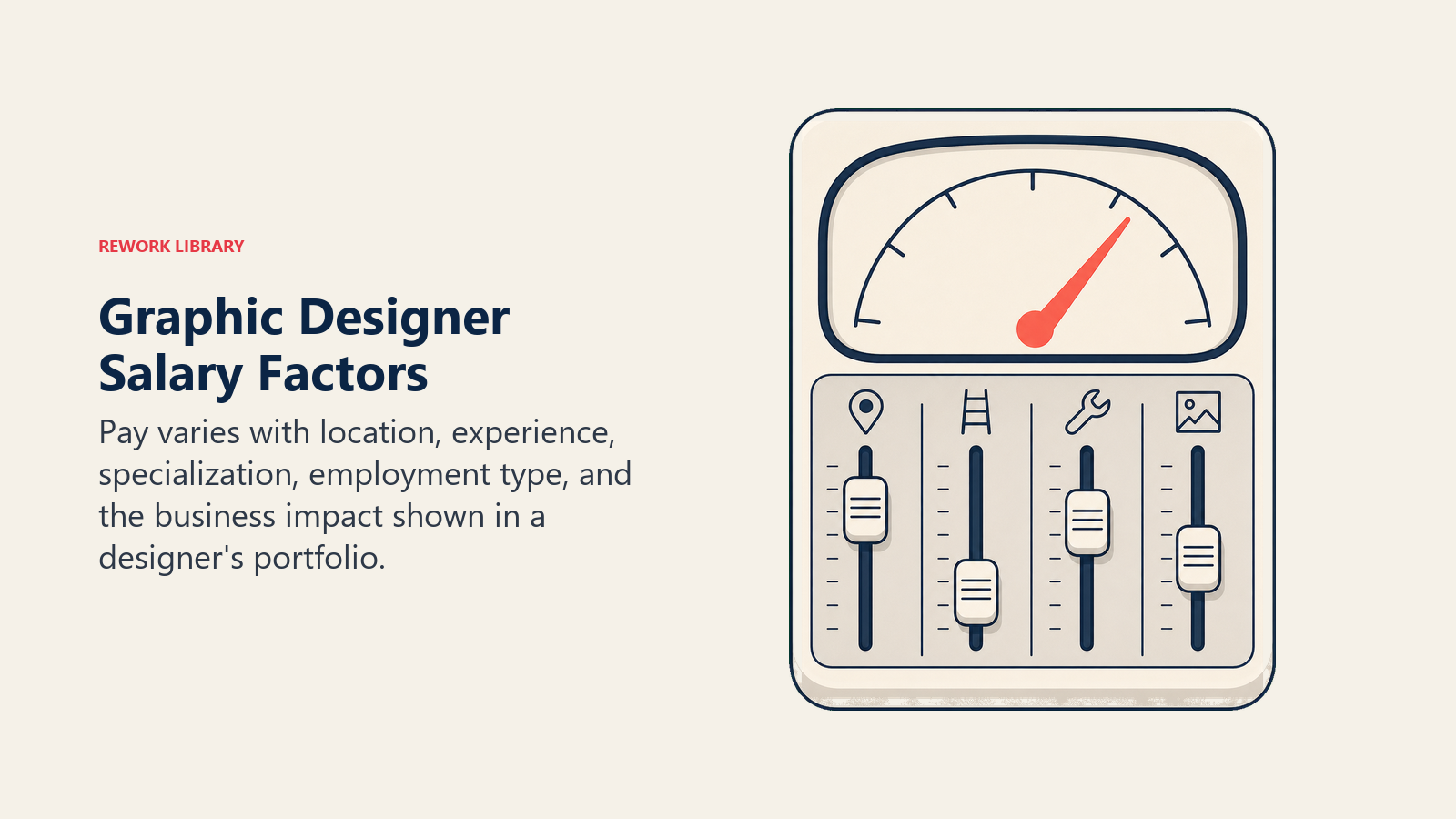 Graphic Designer salary factors shown as location, experience, specialization, and portfolio controls feeding one compensation gauge