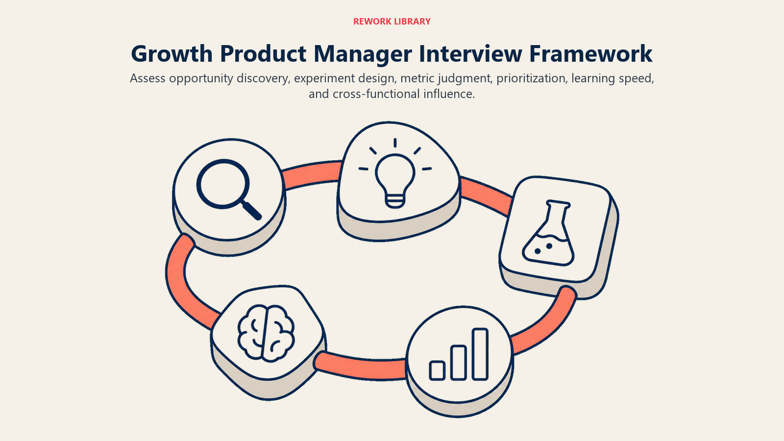 Growth Product Manager interview framework shown as a five-stage experiment and learning loop