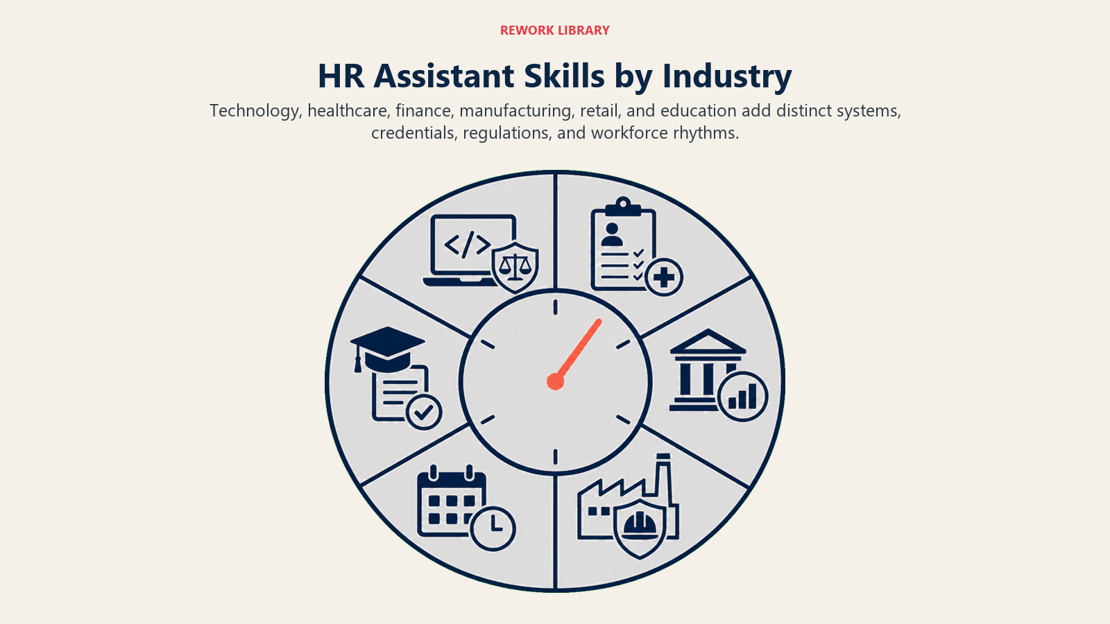 HR Assistant Skills by Industry shown as six-module people operations ring