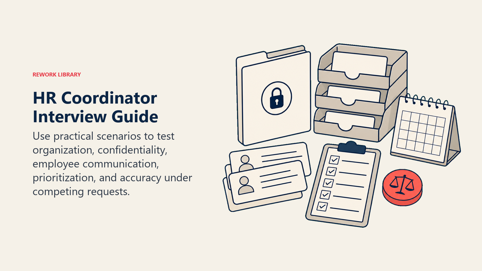 HR Coordinator Interview Guide shown as an HR scenario desk with confidential folder, priority sorter, employee message cards without text, calendar, accuracy checklist, and coral judgment token.