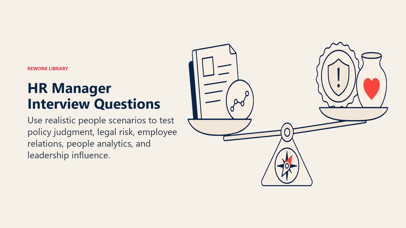 HR manager interview questions represented by a people decision balance for policy, evidence, risk, and empathy