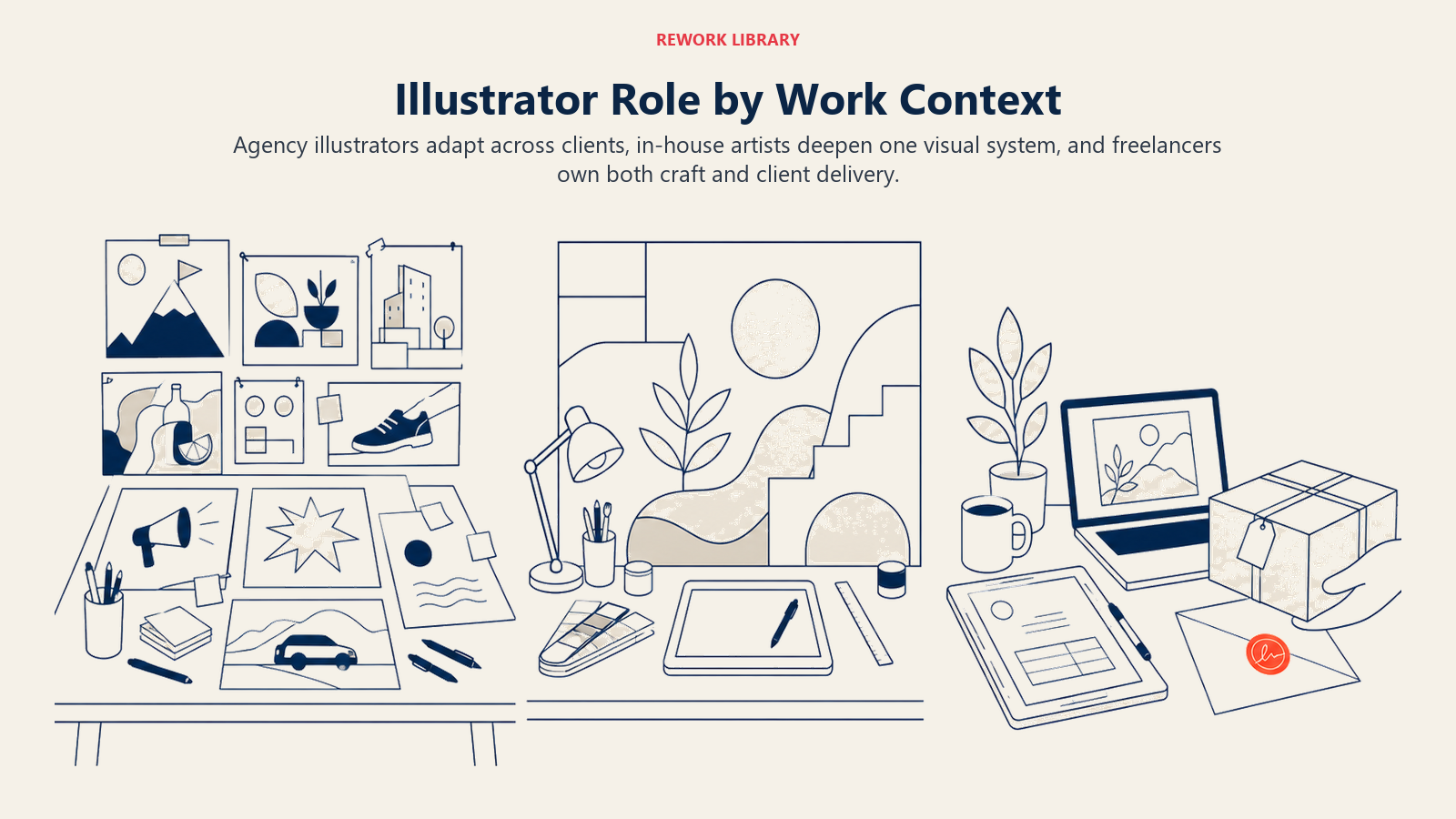 Illustrator roles across agency, in-house, and freelance work contexts
