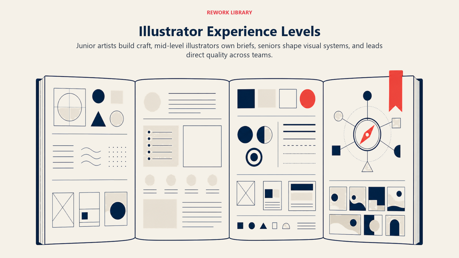 Illustrator experience levels shown as four expanding portfolio chapters