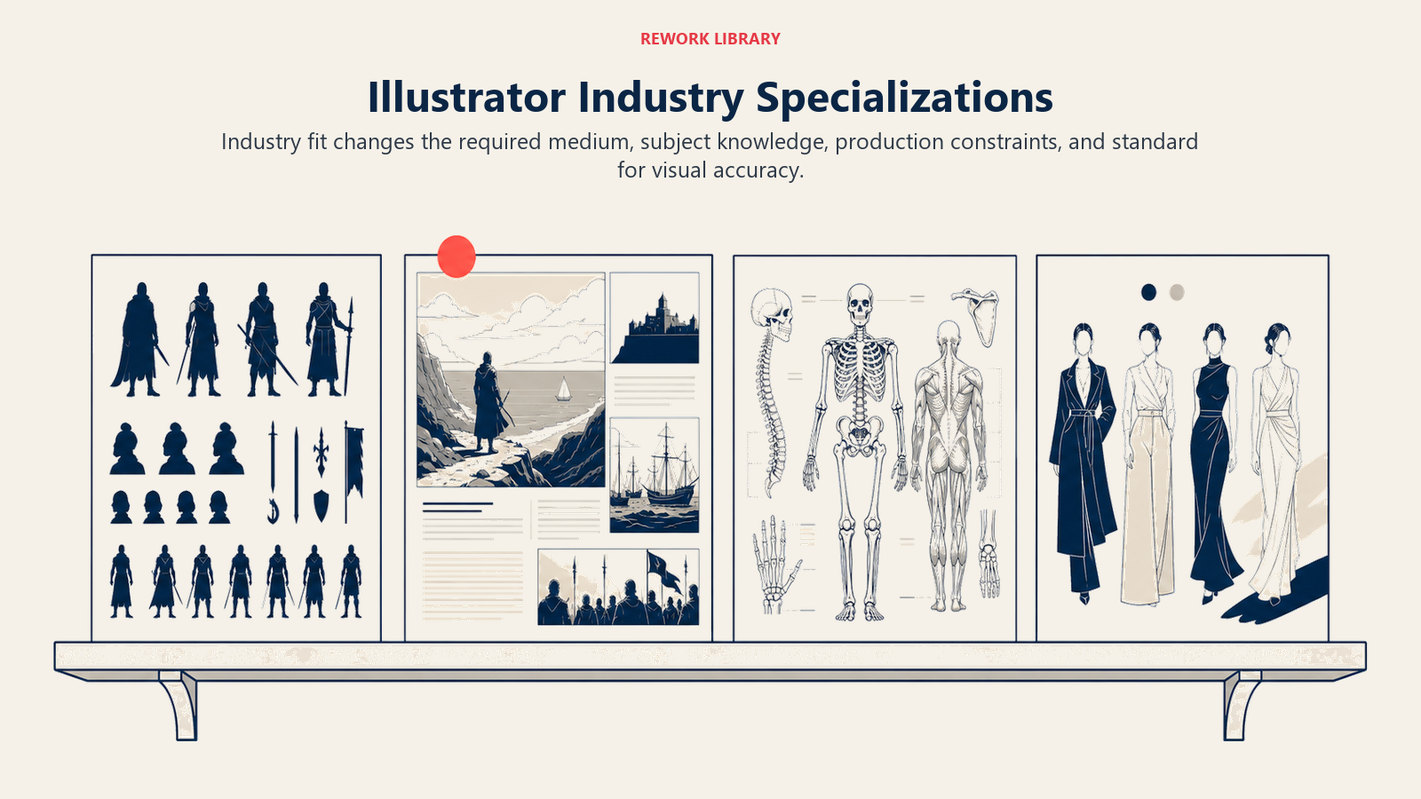 Illustrator industry specializations shown as concept, editorial, medical, and fashion portfolio pieces