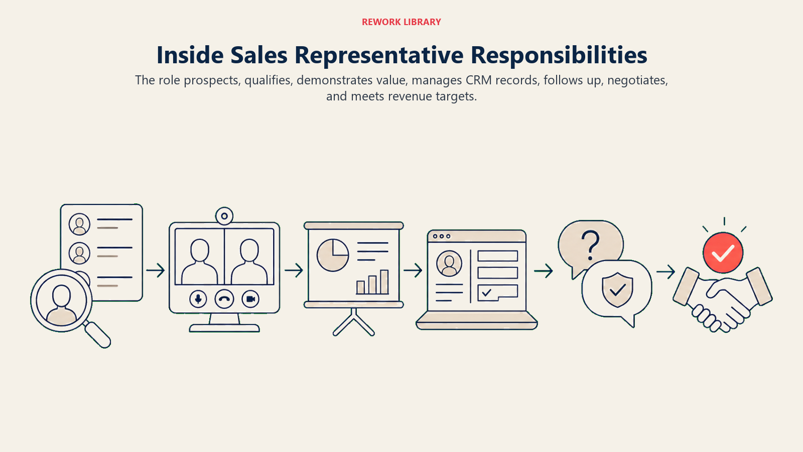 Inside Sales Representative Responsibilities illustration showing lead lists, discovery, demos, CRM hygiene, objections, quota.