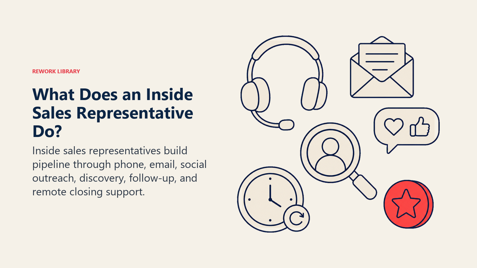 What Does an Inside Sales Representative Do? illustration showing calls, email, social, discovery, follow-up, quota.