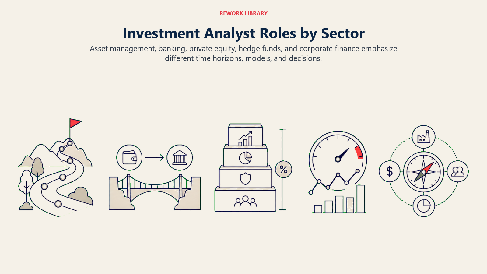 Investment Analyst Roles by Sector illustration showing portfolio construction, transactions, leveraged buyouts, trading, capital allocation.