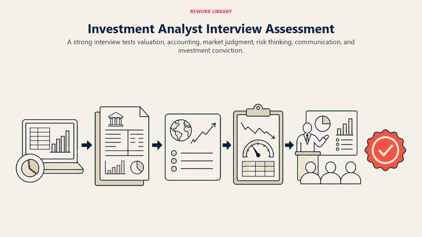 Investment Analyst Interview Assessment illustration showing DCF, statements, market thesis, risk, recommendation defense.