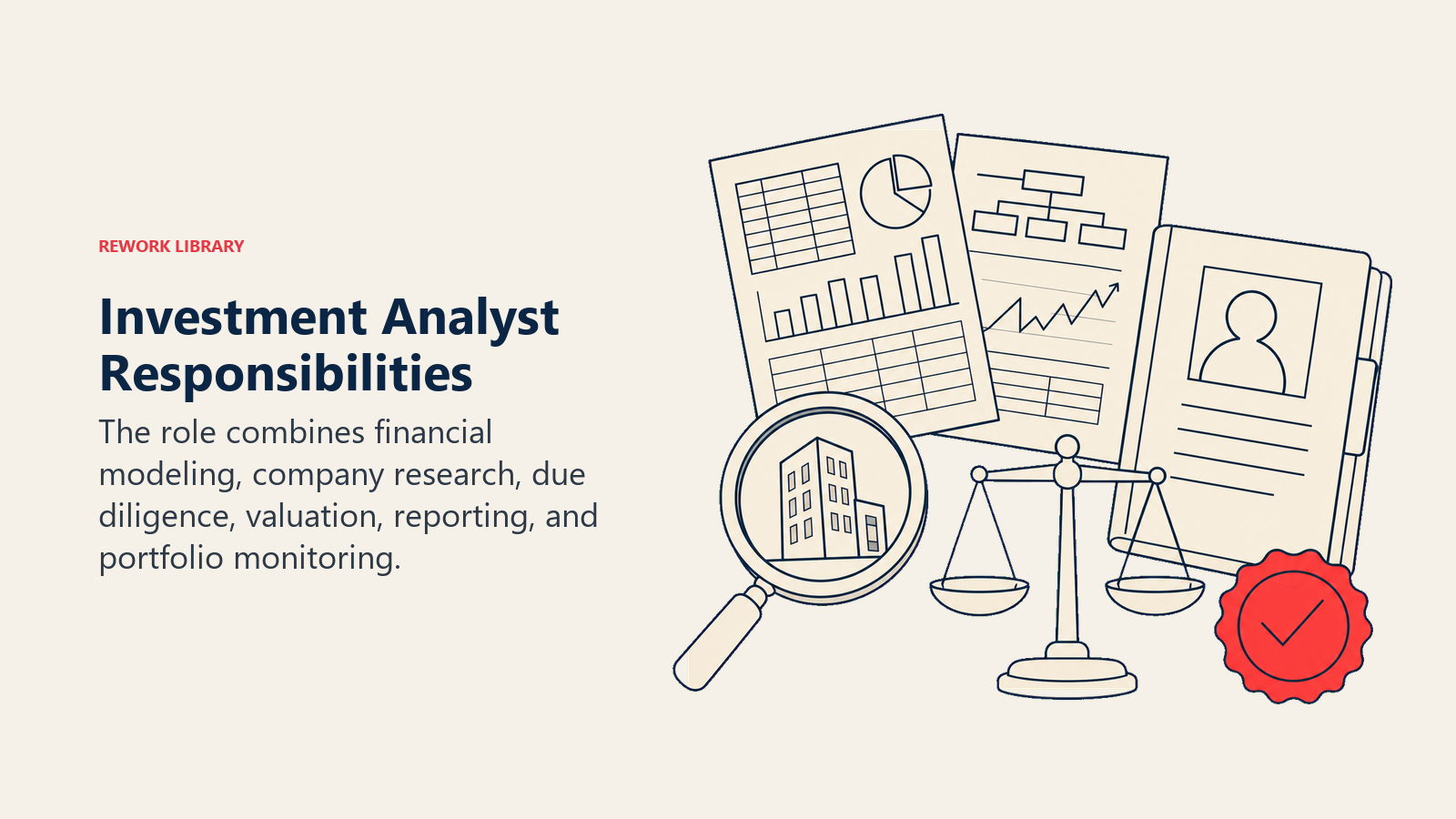 Investment Analyst Responsibilities illustration showing DCF models, research, due diligence, investment memos, portfolio monitoring.