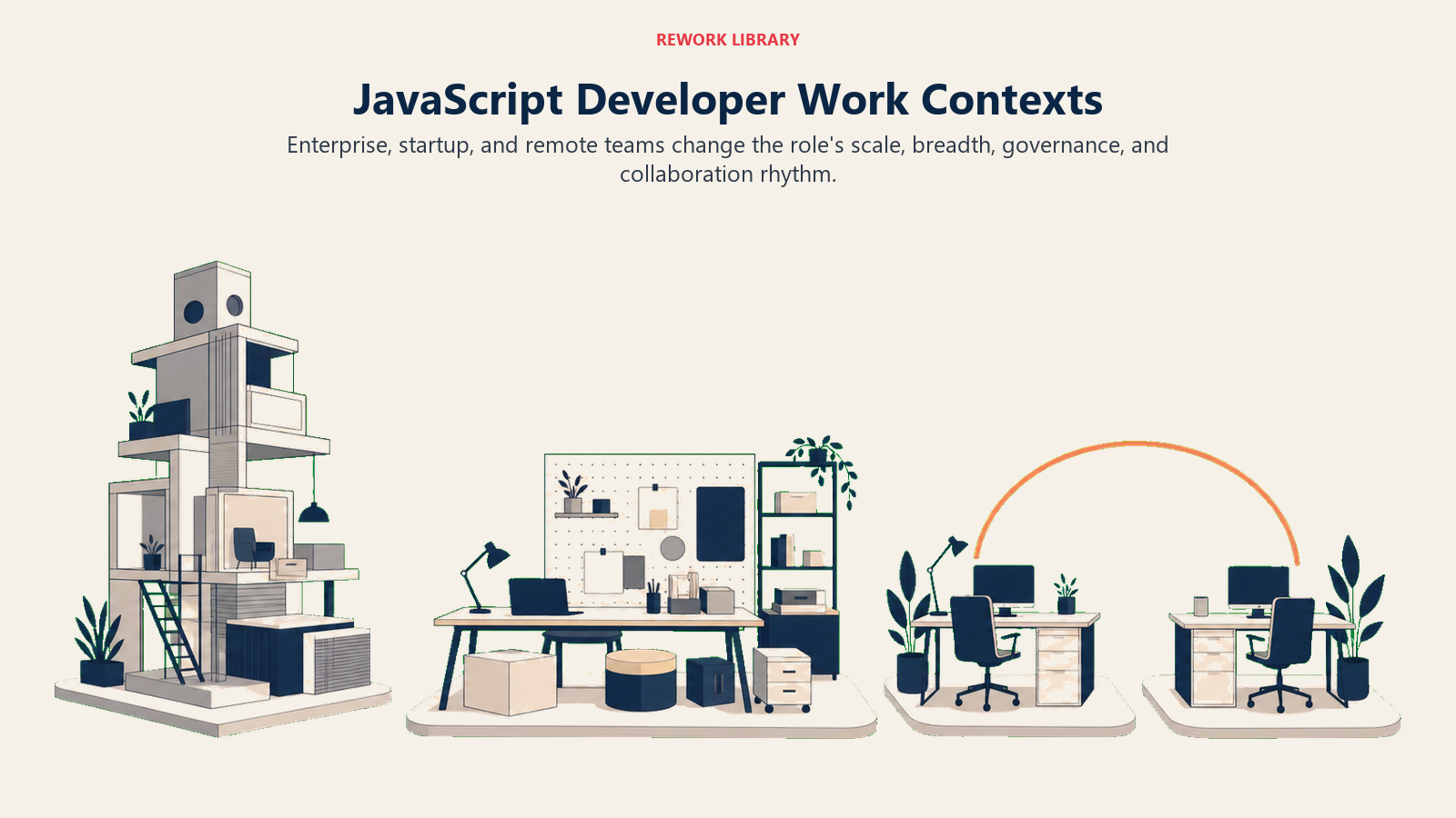 JavaScript developer work contexts compared across enterprise, startup, and remote build environments